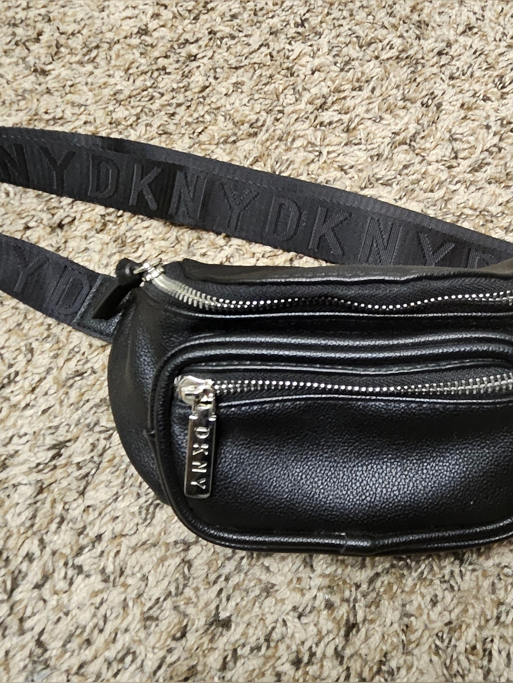 DKNY Black Faux Leather Belt Bag with Embossed Logo Strap